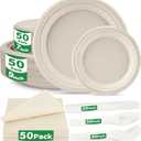 300 Pcs Compostable Dinnerware Set - Serves 50 Guests with Heavy Duty 9 & 7 Inch Plates, Napkins & Cutlery | Biodegradable Sugarcane Eco-Friendly Party Supplies for Birthday, Christmas, Holiday
