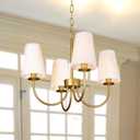 Modern Gold Chandeliers for Dining Room, with White Linen Fabric Shade, Adjustable Height Rustic Farmhouse Lighting Fixture for Foryer, Entryway, Kitchen, Bedroom (4-Lights)