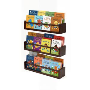 Esonal Deep Walnut Nursery Floating Shelves Set of 3– Wall Mounted Kids Bookshelf & Toy Organizer – 16 Inch Rustic Pine Hanging Display Book Shelves for Bedroom, Playroom, and Baby Decor