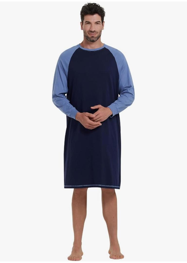 Keyocean Men's Cotton Nightgown Soft Lightweight Long Sleeve Sleepshirt Crew Neck & Pockets Comfortable Lounge Nightwear, M