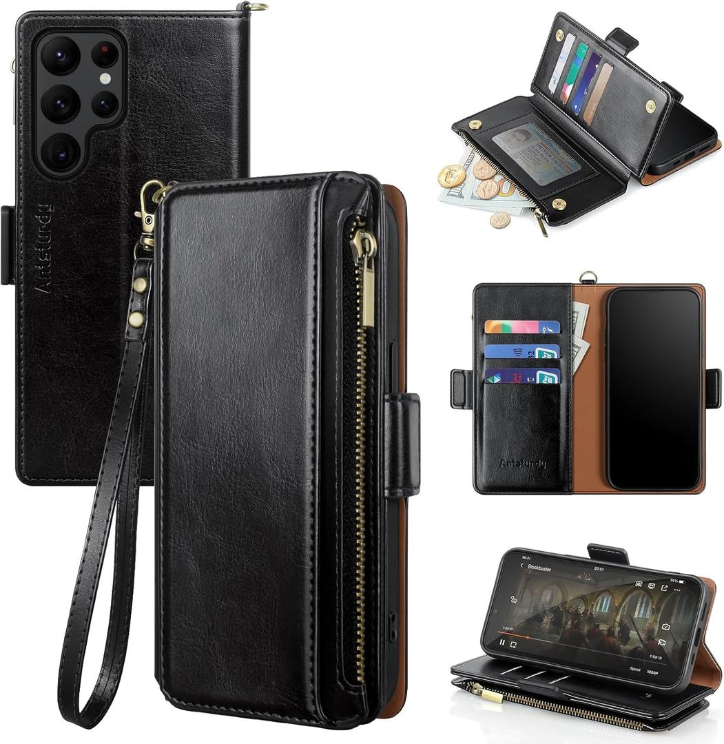 Antsturdy Samsung Galaxy S22 Ultra 5G Wallet with Card Holder for Women Men,Galaxy S22 Ultra 5G Phone case RFID Blocking PU Leather Flip Shockproof Cover with Strap Zipper Credit Card Slots,(Black) Antsturdy Samsung Galaxy S22 Ultra 5G Wallet with Card Holder for Women Men,Galaxy S22 Ultra 5G Phone case RFID Blocking PU Leather Flip Shockproof Cover with Strap Zipper Credit Card Slots,(Black)