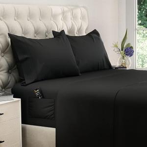 DREAMCARE California King Sheet Sets – 4 pcs Cooling Sheets – up to 21” Deep Cal King Sheets – Hotel Luxury Pillowcases – Superior Softness 100% Fine Microfiber with Side Pocket – Black