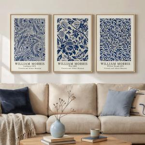 Framed William Morris Wall Art Set of 3, Large Vintage Blue Botanical Floral Canvas Prints, Farmhouse Aesthetic Wall Decor for Living Room Bedroom Hallway Office, 16x24 Inch