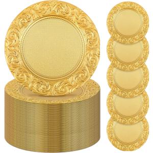 Uiifan 100 Pcs Gold Charger Plates Bulk 13'' Antique Plastic Plate Chargers Decorative Round Dinner Plates Embossed Rim Serving Plate for Wedding Party Holiday Event Catering Tabletop Decoration