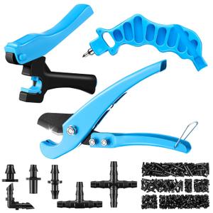 Feekoon Drip Irrigation Punch Hole Tubing Cutter Tools with Barbed Connectors, 2-in-1 Drip Tubing Hole Punch for 1/4 Inch Fitting 16 20 25 mm PE Pipe and Emitter(Blue,230 Irrigation Plugs)