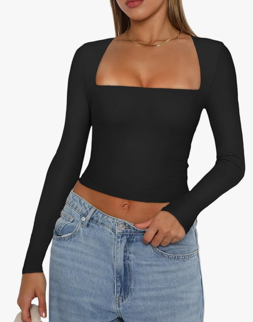 REORIA Women's Basic Sexy Square Neck Long Sleeve Y2K Going Out T Shirt Crop Top XXL