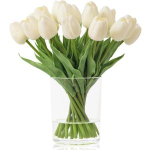 WELL KNOWN 20 Pcs White Tulips Artificial Flowers in Vase, Fake Flowers in Glass Vase, Real Touch Fake Tulips Artificial Flowers in vase with Faux Water for Home Decoration, Dining Table