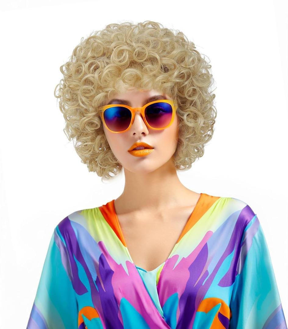 Women's short curly afro wig, retro 70s/80s disco style, suitable for Halloween costumes, themed parties, and cosplay (Light Blonde)