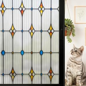 Reeded Glass Window Film, Window Privacy Film, Frosted Glass Window Cling, Stained Decorative Covering for Bathroom Living Room 23.6 x 78.7 inches