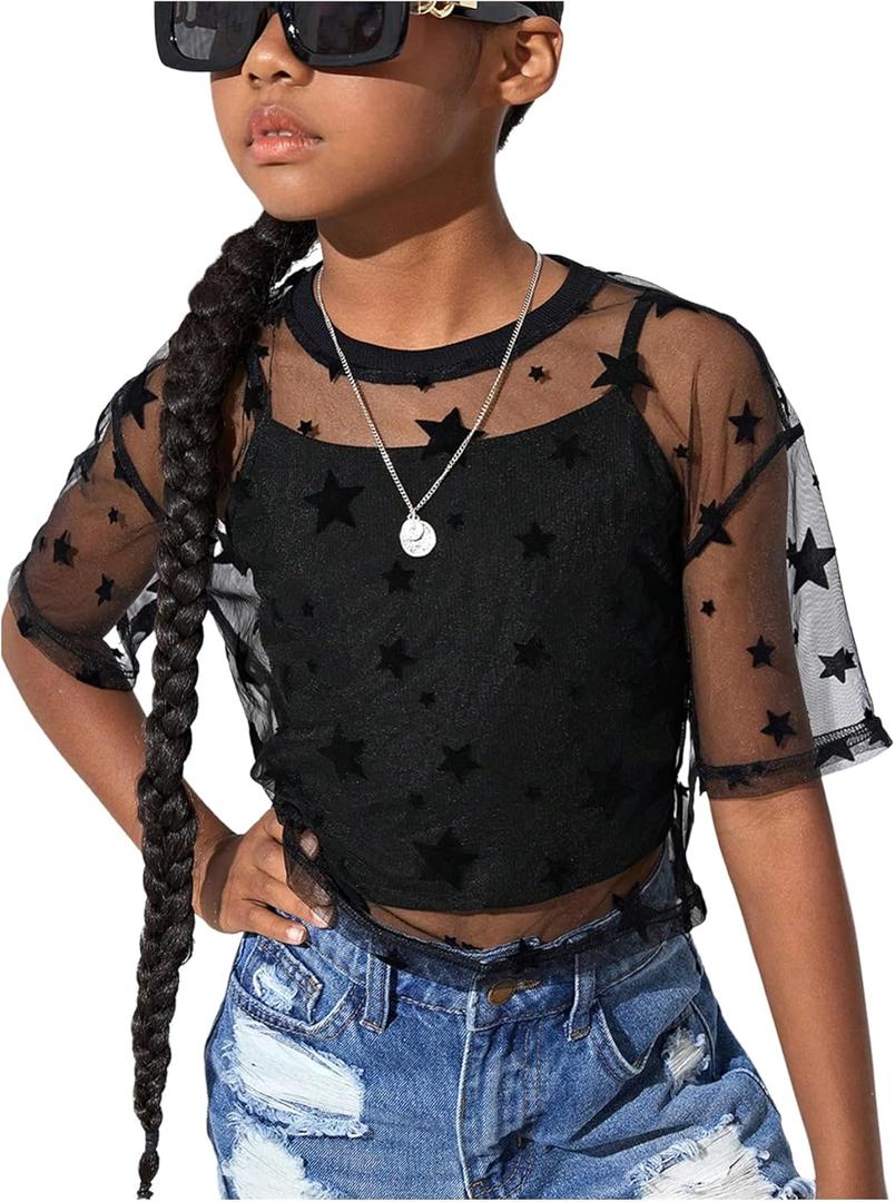 BEAUDRM Girl's 2 Piece Set Star Graphic Sheer Mesh Shirt Crew Neck Short Sleeve Crop Top with Camisole, Size 8Y