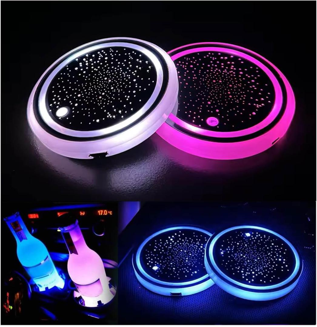 2PCS LED Car Cup Holder Lights, Light up Car Coasters for Cup Holders 7 Colors Changing USB Charging Mat Waterproof Cup Pad, Car Gifts for Men & Women