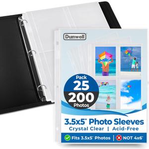 Dunwell 3.5x5 Photo Sleeves for 3-Ring Binder (3.5x5 Size Only), 25 Pack Album Refill Pages for 200 Pictures, Acid-Free Top-Loading, 8 Per Sheet, Holds Seed Packets & 3x5 Index Cards