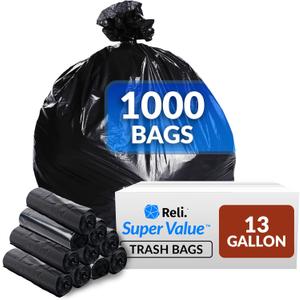 Reli. 13 Gallon Trash Bags | 1000 Bags | Black | Tall Kitchen | Strong | Garbage
