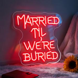 Married Til We're Buried Neon Sign,USB Powered LED Signs for Wall Decor,Dimmable Light up Sign for Wedding Valentine Couple Party Decoration 12.6 x 12.2 inch