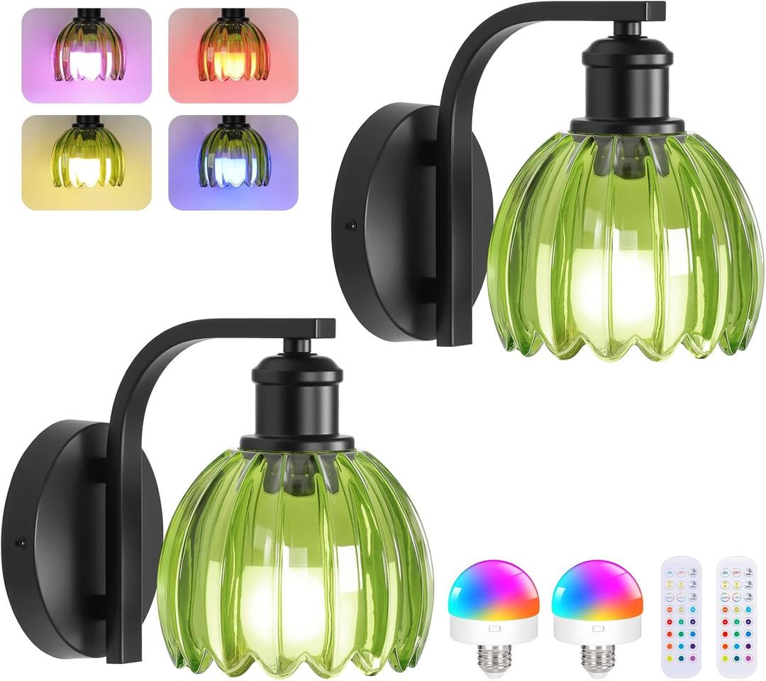 VerRon Rechargeable Battery Operated Wall Sconce Set of Two with Green Glass Lampshade, Wireless Wall Scone Decor with Remote Control, 15 Colors Black Wall Light for Bedside Hallway Bedroom Doorway, 2-Pack