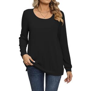 Women's Fall Casual Long Sleeve Tunic Tops Side Split T-Shirt for Leggings (Black, XL)