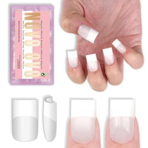 NOVO OVO Short Sharp Square Tip Nail Tips Press on Milky White, Thick Old School Wide White French NEED Builder Gel Top Coat Nail Glue, Soft Gel Full Cover Fake Nail Extension for DIY x 15 Size 240 pc