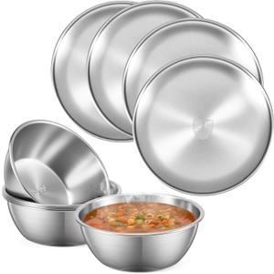 304 Stainless Steel Plates and Bowls Sets - 9 Inch Metal Camping Plates Reusable 20oz Steel Snack Bowls Feeding Serving Dinner Dishes for Adult Girls Boys