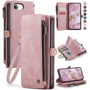 Defencase for iPhone 16E Case Wallet with RFID Blocking Card Holder Slots for Women Men, Elegant PU Leather Magnetic Snap Flip Wristlet Strap Zipper Wallet Phone Cases for iPhone 16e 2025, Pink (Airy Rose Pink)