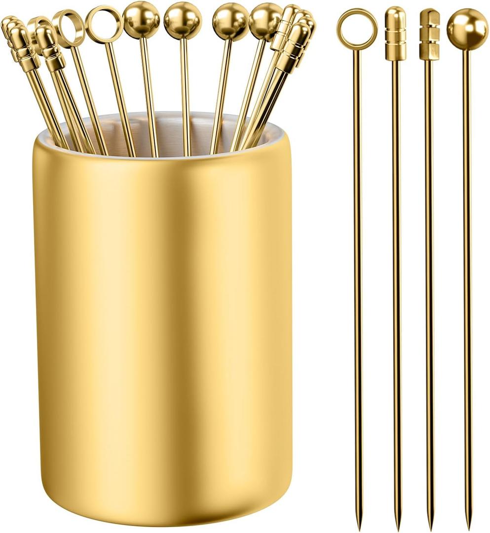 12Pack Metal Cocktail Picks + Holder Kit, Premium 304 Stainless Steel Cocktail Toothpicks,Reusable Skewers,Garnish Picks, Martini Picks for Olives Appetizers Fruit (4 Styles Golden)