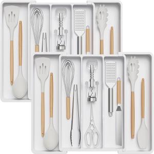 Lifewit Utensil Organizer for Kitchen Drawers, Expandable Cooking Utensil Tray, Adjustable Cutlery Silverware Flatware Holder, Plastic Kitchen Spatula Tools and Gadgets Storage Divider, 2 Pack, White (White)