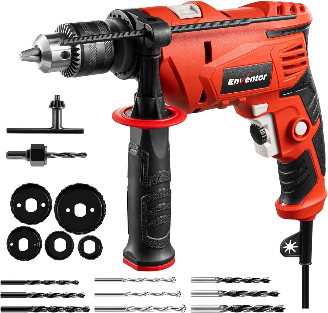 Enventor 7.5 Amp Hammer Drill, 1/2 Inch Electric Hammer Drill, 900W 0-3000RPM Variable Speed, 360 Auxiliary Handle, Lightweight Corded Hammer & Drill 2 in 1 Functions with 9pcs Bit for Metal, Wood