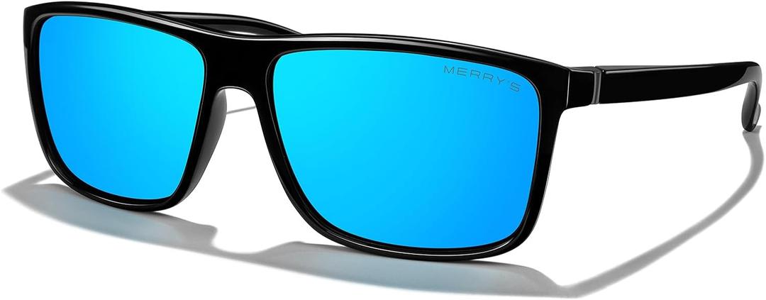 MERRY'S Rectangular Polarized Sports Sunglasses for Men Women Cycling Driving Fishing UV400 Protection S8225 (Black Frame/Gray Metal/Blue Mirror Lens)