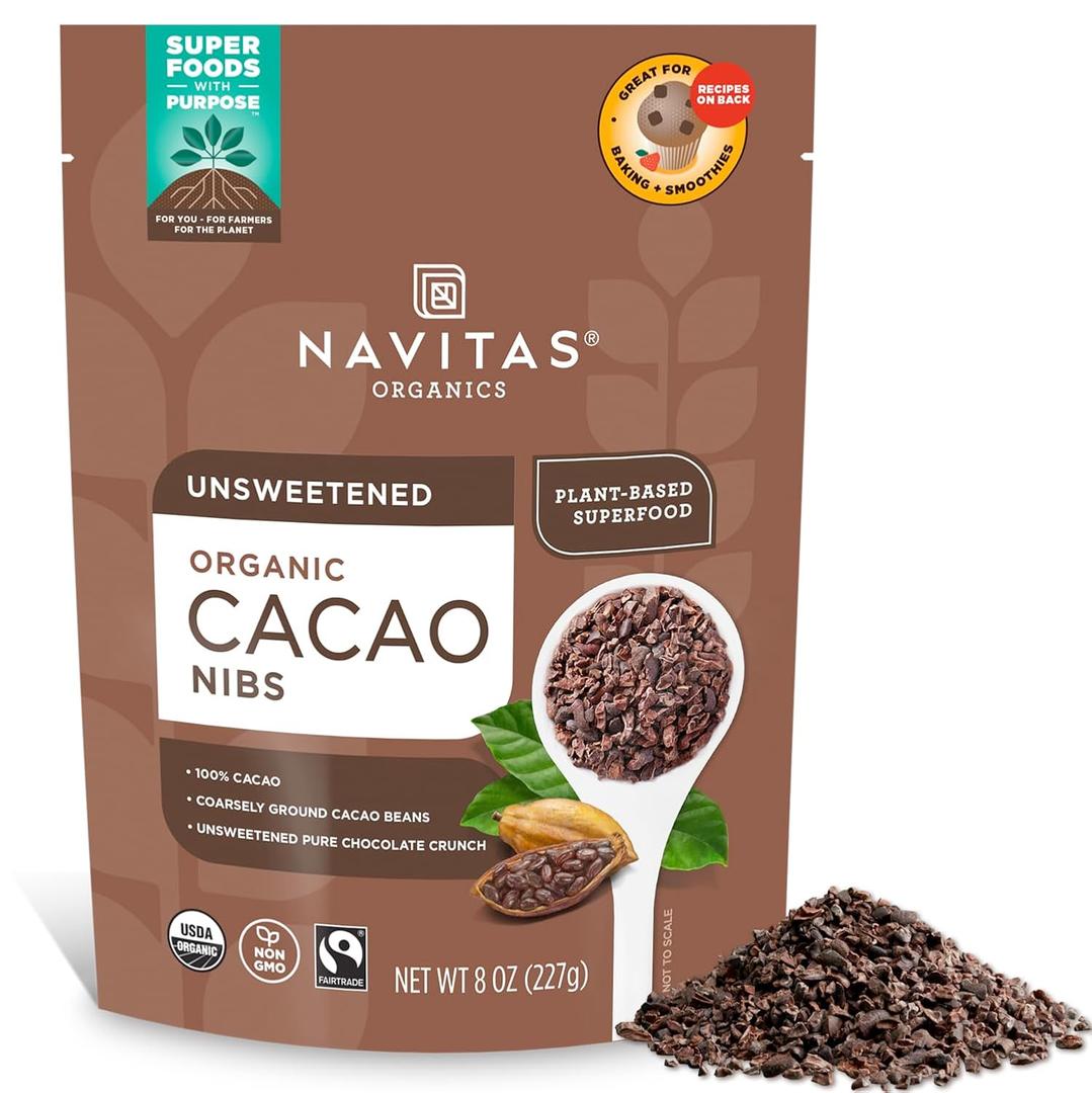 Navitas Organics Cacao Nibs  Unsweetened Dark Chocolate Crunch  Antioxidants, Minerals, Fiber  For Trail Mix, Baking & More  USDA Organic, Fairtrade, Non GMO, Gluten Free, Non-alkalized (8oz. Bag 76 Servings) (8 Ounce (Pack of 1))