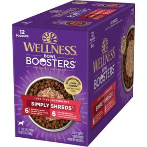 Wellness Bowl Boosters Simply Shreds Wet Dog Food Topper for Small, Medium, & Large Breeds, Grain Free, Natural, Chicken Variety Pack, 2.8 Ounce Pouch (Pack of 12) (EXP 02/15/28)