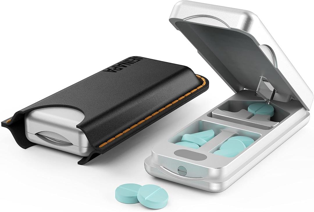 Aluminum Pill Splitter Cutter with Auto Centering Device, 316L Stainless Blade, Genuine Leather Case, Professional Pill Splitter for Cutting Small or Large Pills (Silver)