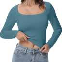 Women's Long Sleeve Crop top, Ribbed & Slim Fitted Cotton Shirts, Square Crewneck Tee Basics for Daily & Casual Wear, Xmist Blue, (Large)