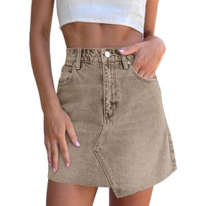 imesrun Womens Mini Denim Skirts Causal High Waisted Cute Asymmetrical Hem Summer Short Jean Skirts with Pockets (6, Khaki)