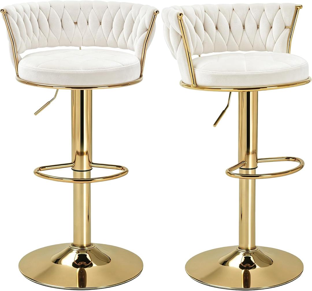 VECELO Bar Stools Set of 2, Adjustable Barstools Counter Height Stools with Back and Arm, Velvet Woven Kitchen Island Stools w/Gold Metal Leg & Base, 360° Swivel Bar Chair for Pubs Dining Room, White