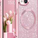 DOMAVER for iPhone 14 Case with Magnetic [Compatible with MagSafe] Luxury Clear Glitter Bling Shockproof Protective Cover Full Camera Lens Protector Women Girls- Pink
