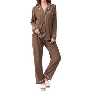 Ekouaer Women's Fleece Pajama Sets Long Sleeve Button Down Two-piece Sleepwear Soft Lounge Set (Small, Brown)