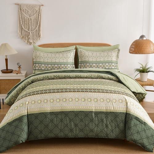 Boho Comforter Set Queen Size,7 Pieces Sage Green Bedding Set Bed in a Bag,Paisley Floral Comfortet and Sheet Set,Soft Striped Bohemian Comforter with Sheet for All Season