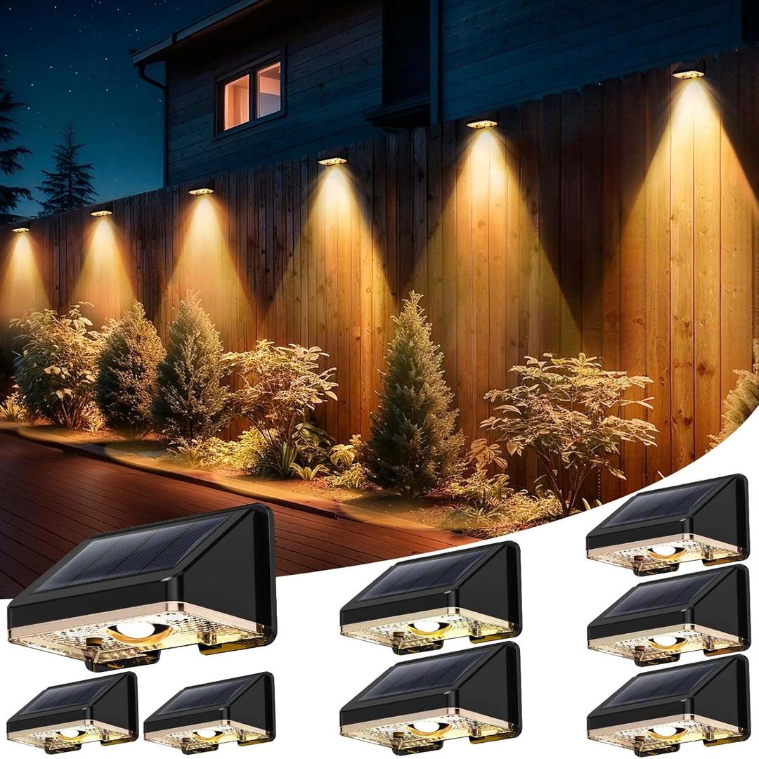 Inletideas Solar Fence Lights Outdoor 8-Pack | IP67 Waterproof Wall Lights | Dusk to Dawn Auto-On/Off, Easy to Install | Decorative Solar Lights for Deck, Patio, Yard, Step, Garage, Pool (Warm White)