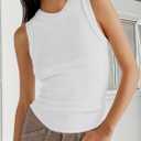 Womens High Neck Tank Tops Sleeveless Ribbed Exposed Seam Curved Hem Slim Fit Fashion Summer Top Shirts (White, S)