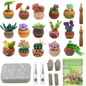Jevuoyee 15pcs Succulent Needle Felting Kit for Beginners Adult - DIY Starter Kit with Wool Roving, Felting Mat, Needles, Instructions for Home Decoration Crafts