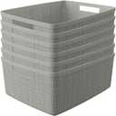 Curver Set of 6 Medium 12L Jute Decorative Plastic Organization and Storage Baskets - Perfect Bins for Home Office, Closet Shelves, Kitchen Pantry and All Bedroom Essentials, Grey