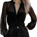 GORGLITTER Women's Sheer Button Up Blouse Tops Dressy Business Casual Fall Mesh Long Sleeve Button Down Work Shirt Top (X-Large, Black)