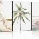 3pcs Framed Beach Ocean Waves and Palm Trees Coastal Seascape Wall Art Decor Canvas Print Picture Poster Gallery Bedroom Living Room Studio 12x16 inches Ready to Hang