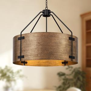 Farmhouse Drum Chandelier, 4-Light, 22in Brushed Bronze Pendant Light Fixture with Chain, Kitchen Island Pendant Over Table, Rustic Industrial Chandelier for Dining Room, Bedroom, Living Room