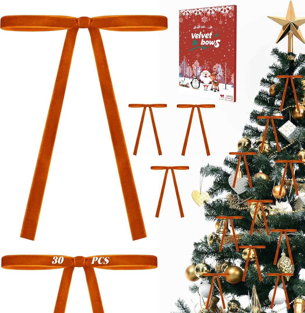 30Pcs Velvet Bows for Christmas Tree - Camel Small Christmas Tree Bows, Vintage Ribbon Bows for Garland, Wreath, Fireplace, Door, Gift Wrapping, Holiday Bows Ornaments for Xmas (5  7 Inch)