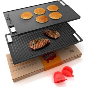NutriChef Cast Iron Reversible Griddle 18x10 Inch Pre-Seasoned Flat Top & Ridged Grill Side, Stove Top Griddle for Gas Grill, Outdoor & Indoor Cooking