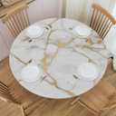 White Gold Marble Round Fitted Tablecloth with Elastic - Vinyl Plastic Round Tablecloth | Waterproof Outdoor Table Cover for Patio | Fits 40-45in M