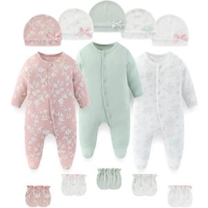 falianni Fashion Baby Boy Girl Clothing Set Cotton Soft 3-Piece Long Sleeve Button Rompers 5-Pack Hats&Gloves Infant Clothes, 6M