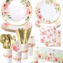 Floral Paper Plates and Napkins Party Supplies - Serves 16 - Flower Plates Floral Cups Knifes Forks Baby Shower Decorations for Girl Pink and Gold Bridal Shower Tea Party Birthday