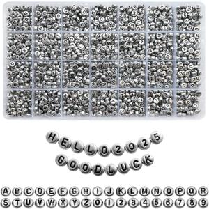 1400pcs Letter Beads Silver 7x4mm Black on Silver for Jewelry Making Bracelet Hair Braids Crafts