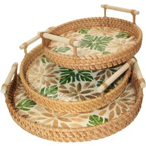 Set of 3 Handwoven Rattan Serving Trays, Handmade Wicker Decorative Trays, Boho Storage Trays for Coffee Table, Bathroom Vanity, Bedroom Dresser, Organizer for Perfume, Jewelry, Snacks & Home Decor